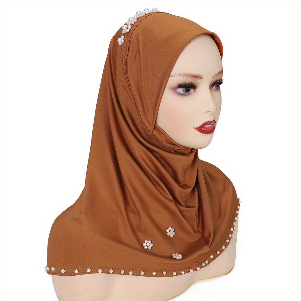 A Solid Color Stretchy Sweat Fabric Headscarf Hat with Pearl Embellishments, Fully Covering The Chin, Suitable for Ramadan.