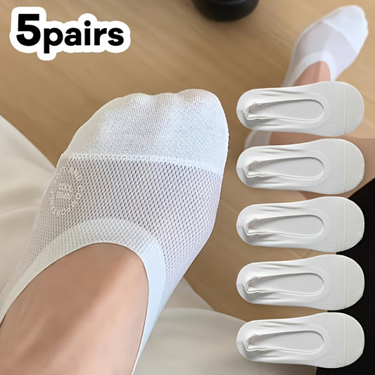 [Breathable Boat Socks] 5 Pairs Summer Women's Solid Color Boat Socks | Breathable Low-Cut Invisible Silicone Anti-Slip Heel - Perfect Gift for Family and Friends