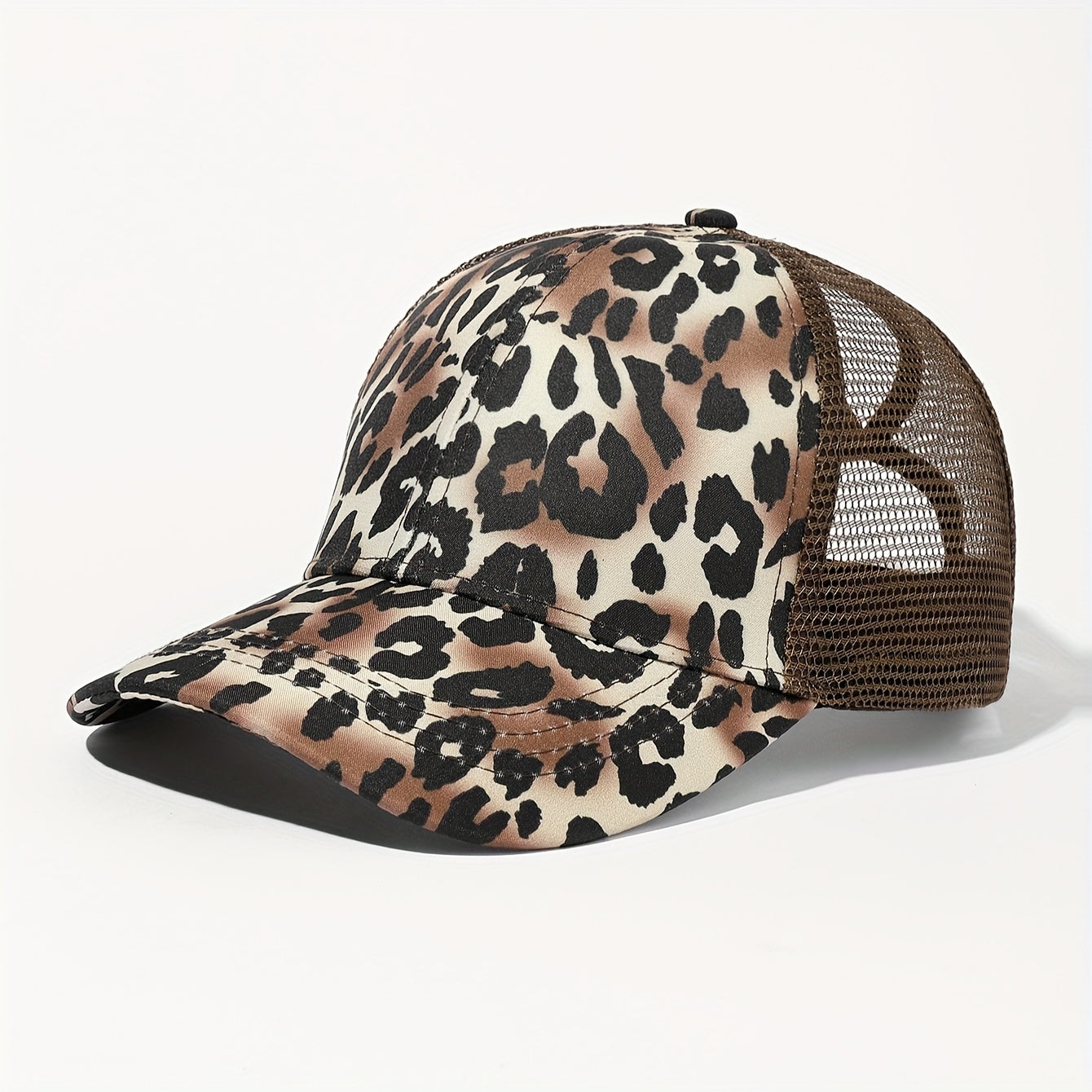 1pc Women'S Sexy Leopard Print Baseball Cap with Ponytail Hole - Breathable Mesh Back, Adjustable Snap Closure, Wide Brim for, Perfect for Streetwear & Outdoor Activitie