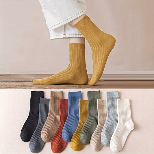 10 Pairs Simple Solid Socks, Soft & Comfy All-match Mid Tube Socks, Women's Stockings & Hosiery