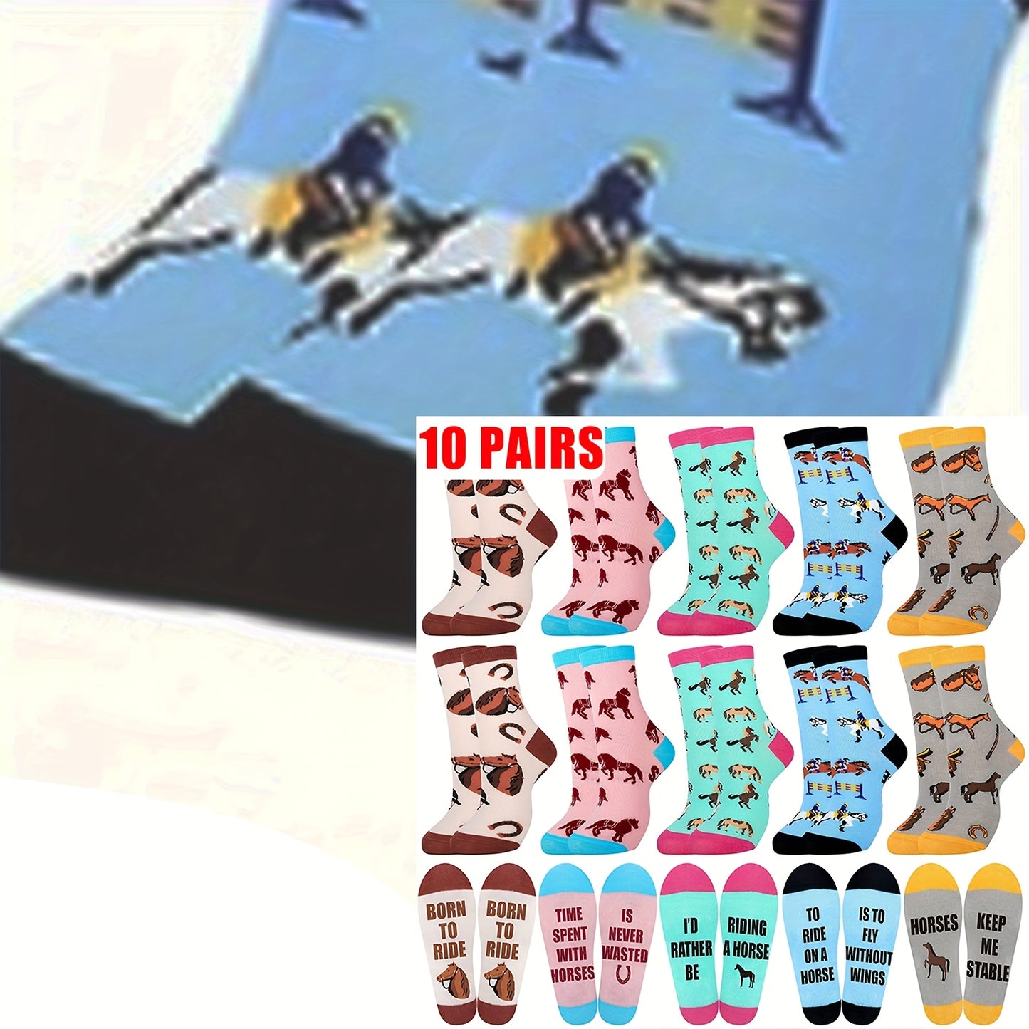 [Fun Horse Socks] 10 Pairs Quazilli Knit Fabric Horse Lover Socks | Mixed Color, Polyester & Elastane, Machine Washable, Fun Animal Patterns, Perfect for Women & Men, Birthday & Christmas Gift