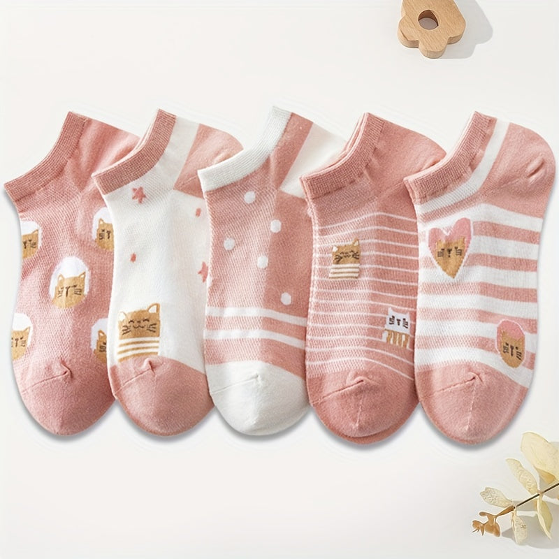 10 Pairs Cartoon Cat Pattern Sports Socks, Cute Comfy & Breathable Low Cut Short Socks, Women's Stockings & Hosiery