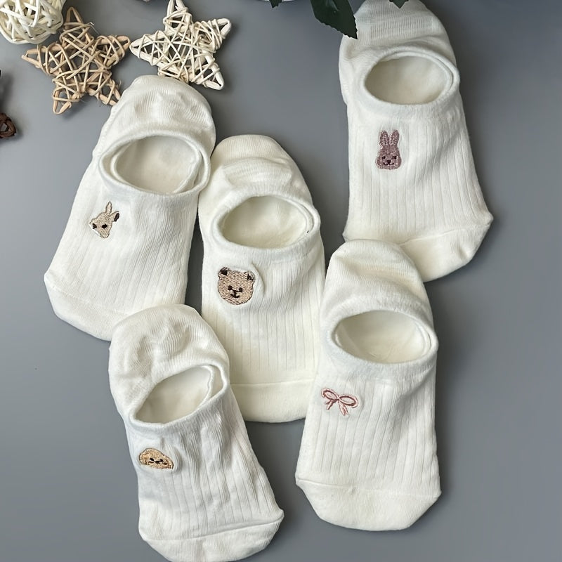 10 Pairs Women's Ankle Socks - Cute Animal Embroidery Designs (Bears, Rabbits, Deer) - Soft Breathable Fabric - White with Pastel Accents - Casual & Formal Wear - Hand Wash/Dry Clean, Cute Socks, Comfortable Footwear, Playful Sock Designs, Embroidered Det