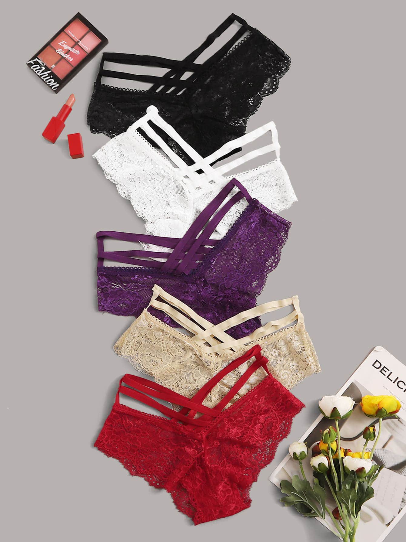5pack Floral Lace Criss Cross Panty Set Lingerie