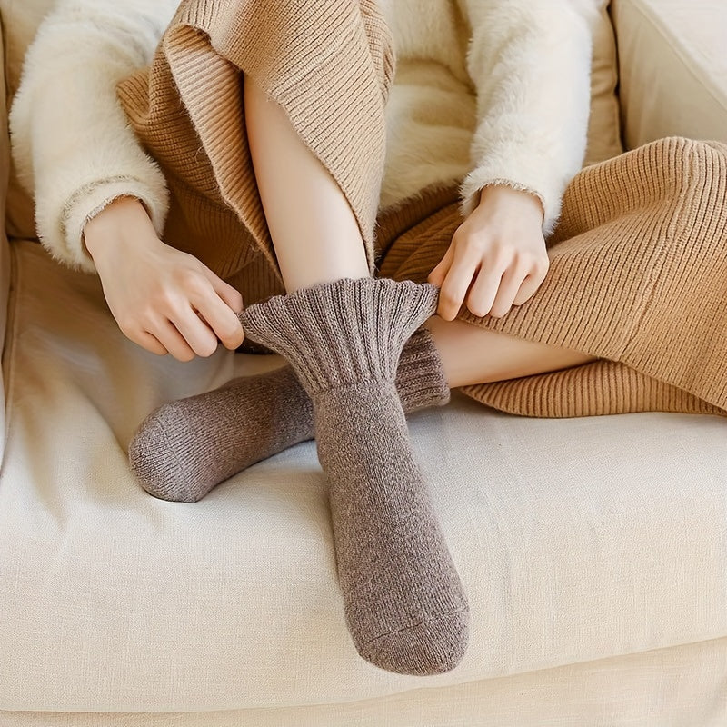[Thermal Socks] 5-Pack Heavyweight Thermal Women's Crew Socks | 300gsm Polyester-Spandex Blend, Soft Terry Cloth Texture, Solid Colors, Ribbed Cuffs for Warmth & Durability, Winter Warmth, Hand Wash/Dry Clean