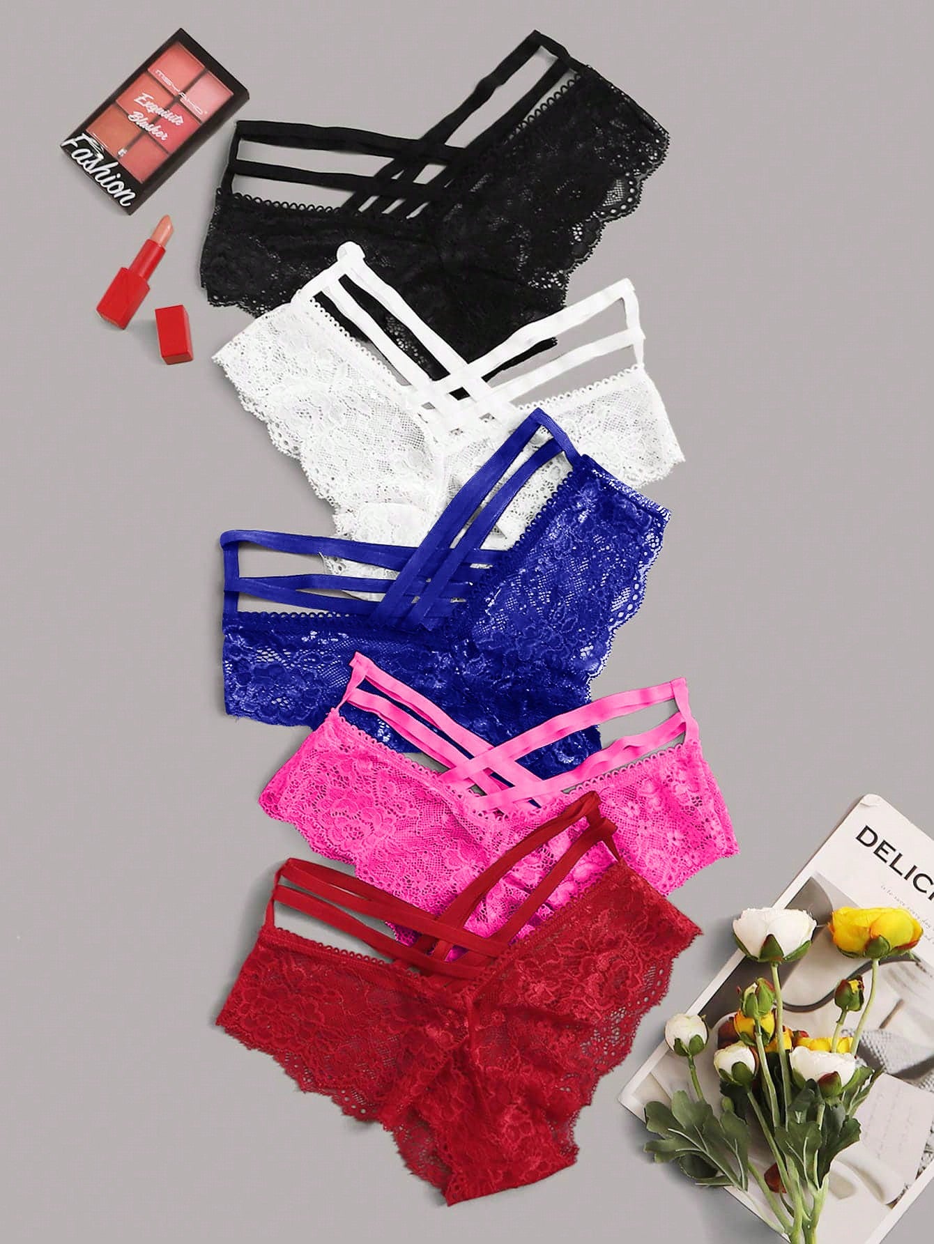 5pack Floral Lace Criss Cross Panty Set Lingerie