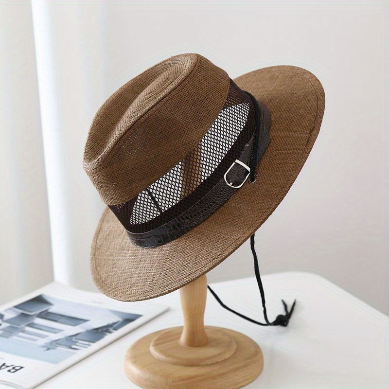 1pc Men'S Breathable Mesh Straw Beach Hat - Lightweight, Cooling Sun Hat with Ventilation Holes, Wide Brim for Outdoor Activities, Beach, Pool, and Travel, Beach Accessories
