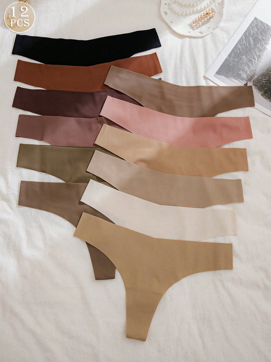 12pcs/Pack Women's Thongs In Multiple Colors, Minimalist, Comfortable, Breathable, Sexy, Seamless, Low Rise
