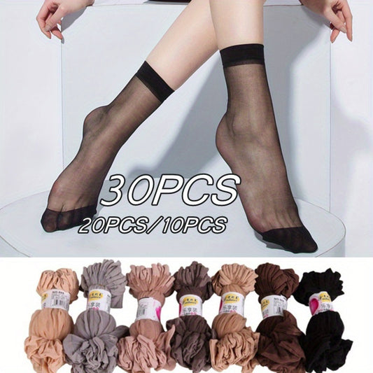 [Ultra-Thin Ankle Socks] 30/20/10pcs Ultra-Thin Sheer Crystal Mesh Ankle Socks | High Elastic Breathable Nylon, Sweat-Absorbing Anti-Friction, Elegant Solid Color (Black/Nude/Gray//Wheat/Coffee) for Everyday & Formal Wear, Comfortable Hosiery, Highelastic