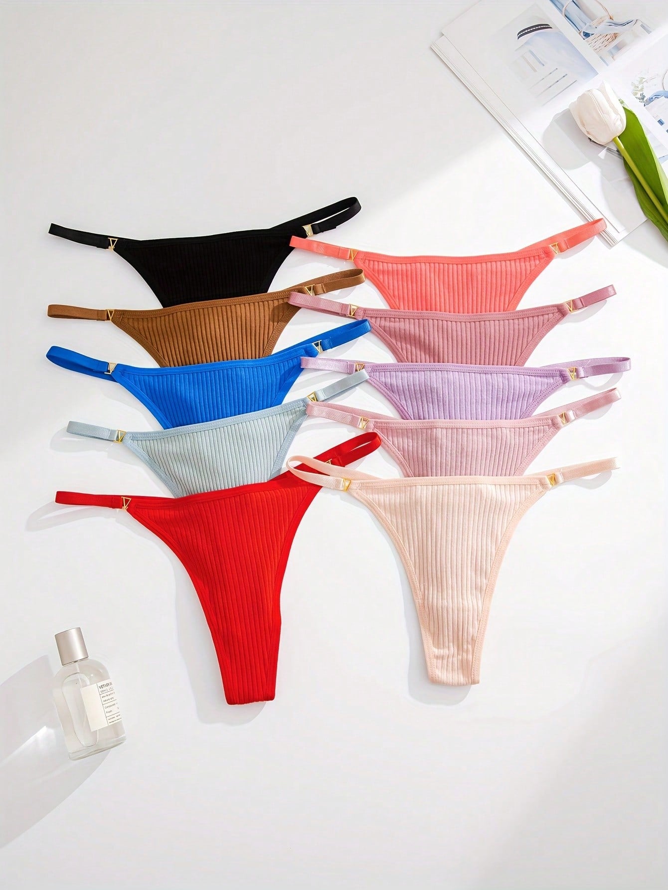 10pcs/Pack Ladies Metal Buckle Decor Ribbed G-String Underwear