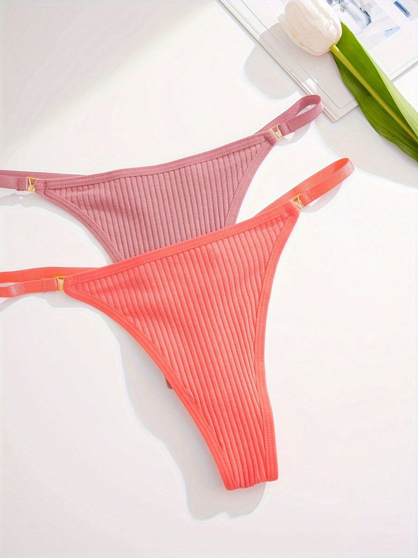 10pcs/Pack Ladies Metal Buckle Decor Ribbed G-String Underwear
