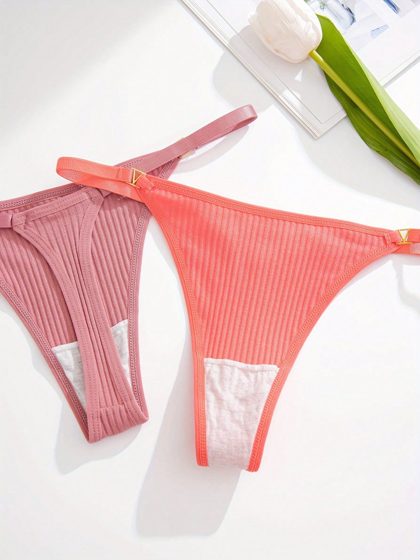 10pcs/Pack Ladies Metal Buckle Decor Ribbed G-String Underwear