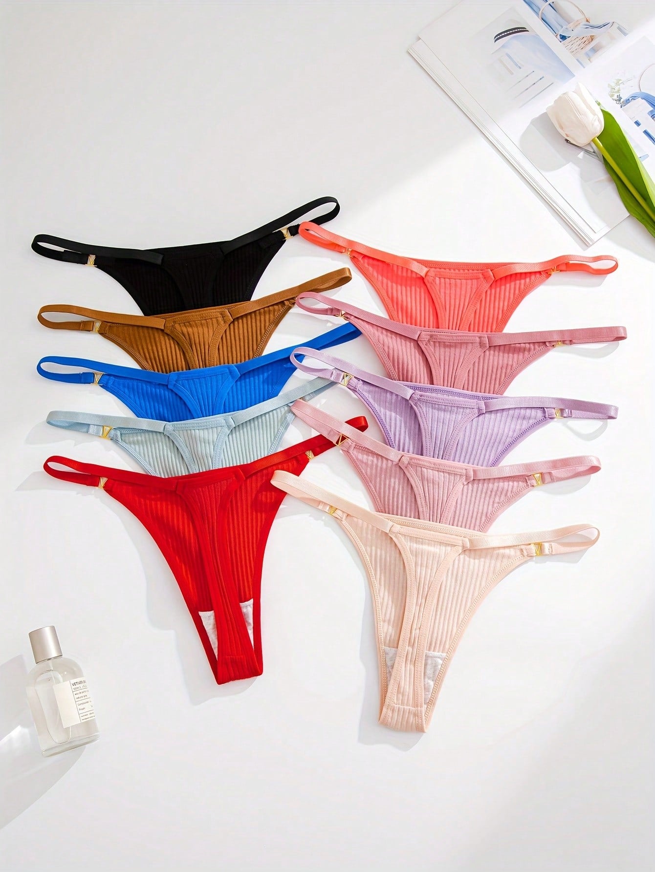 10pcs/Pack Ladies Metal Buckle Decor Ribbed G-String Underwear