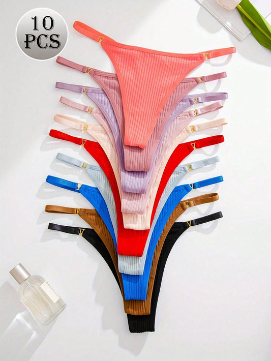 10pcs/Pack Ladies Metal Buckle Decor Ribbed G-String Underwear