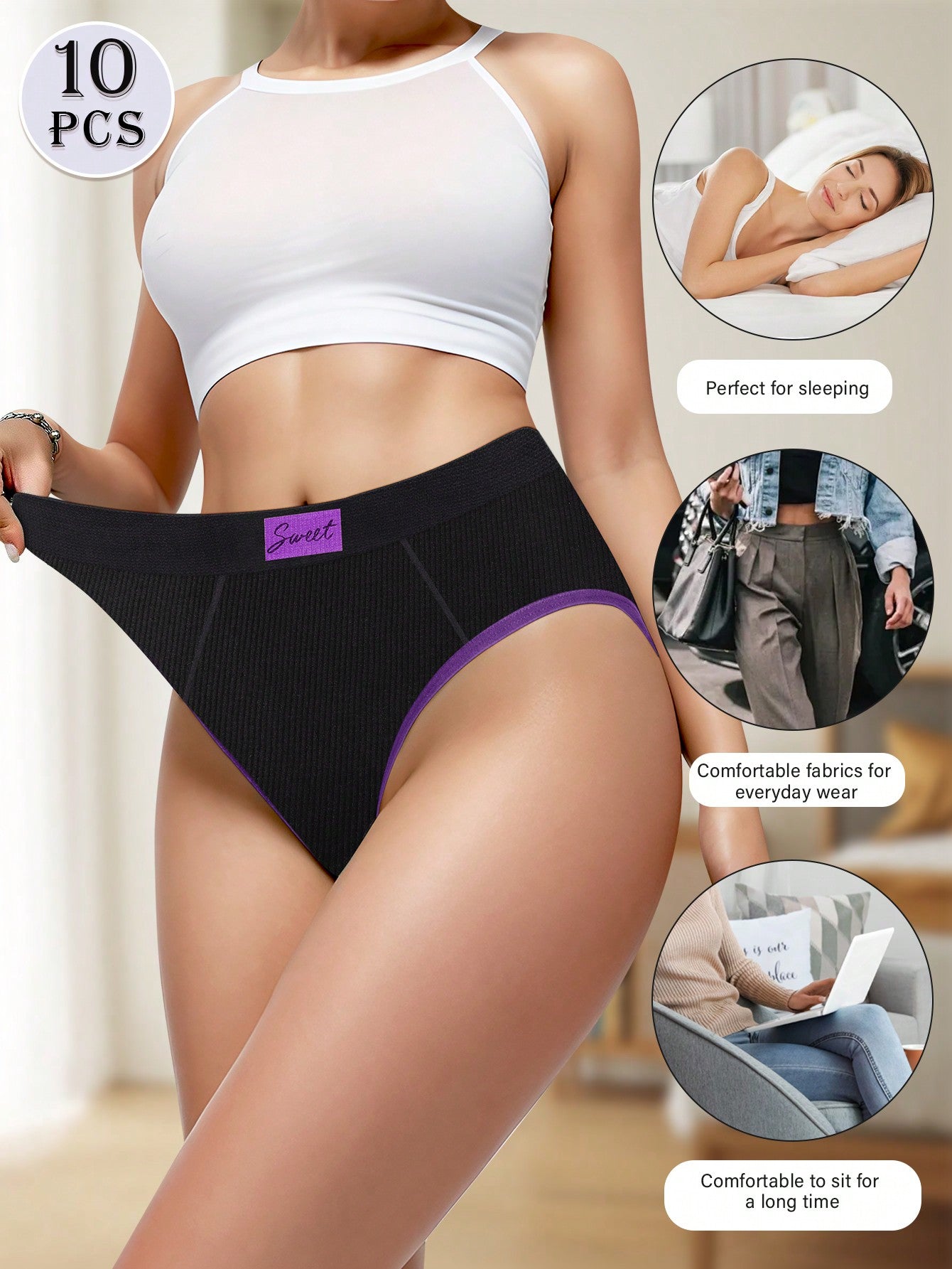 10pcs Women's High Waist Underwear Multicolor Comfortable Triangle Panties Set