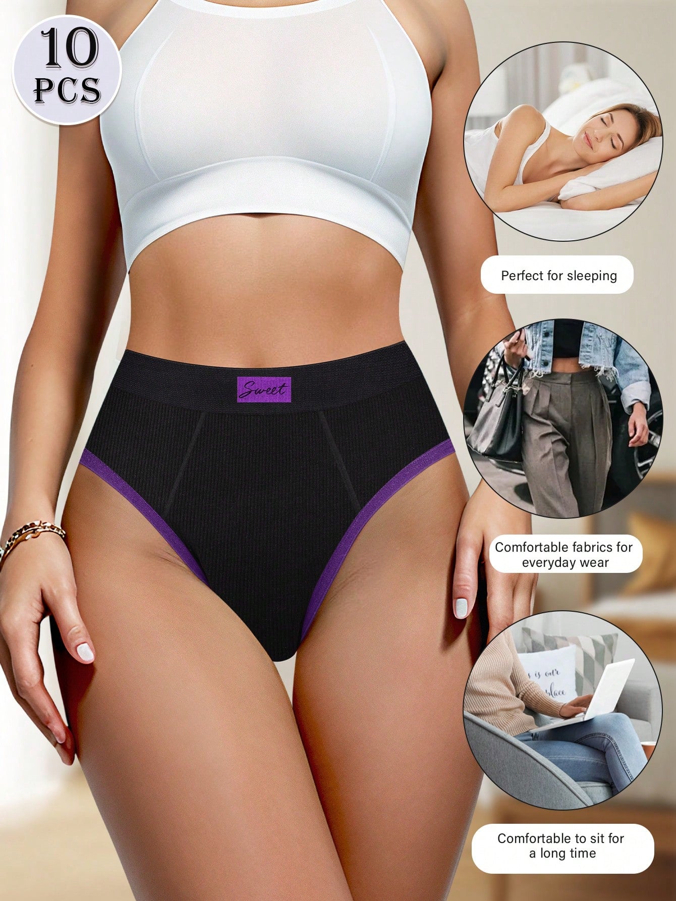 10pcs Women's High Waist Underwear Multicolor Comfortable Triangle Panties Set