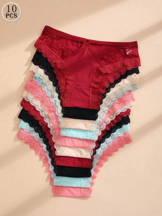 10 PCS Women's Sexy Ice Silk Bikini Panties Lace Hollow Out Briefs Comfortable And Breathable Lingerie