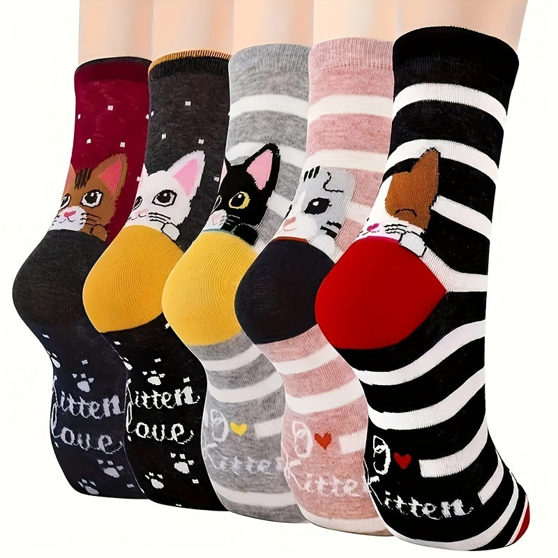 [Cute Christmas Socks] 5 Pairs of Women's Cute Cartoon Cat and Dog Christmas Socks | Adorable, Breathable, Comfortable, Fashionable, Versatile, Stretchy - Novel Gift for Women