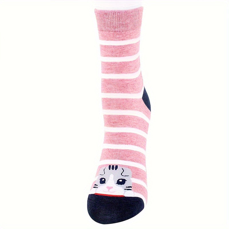 [Cute Christmas Socks] 5 Pairs of Women's Cute Cartoon Cat and Dog Christmas Socks | Adorable, Breathable, Comfortable, Fashionable, Versatile, Stretchy - Novel Gift for Women