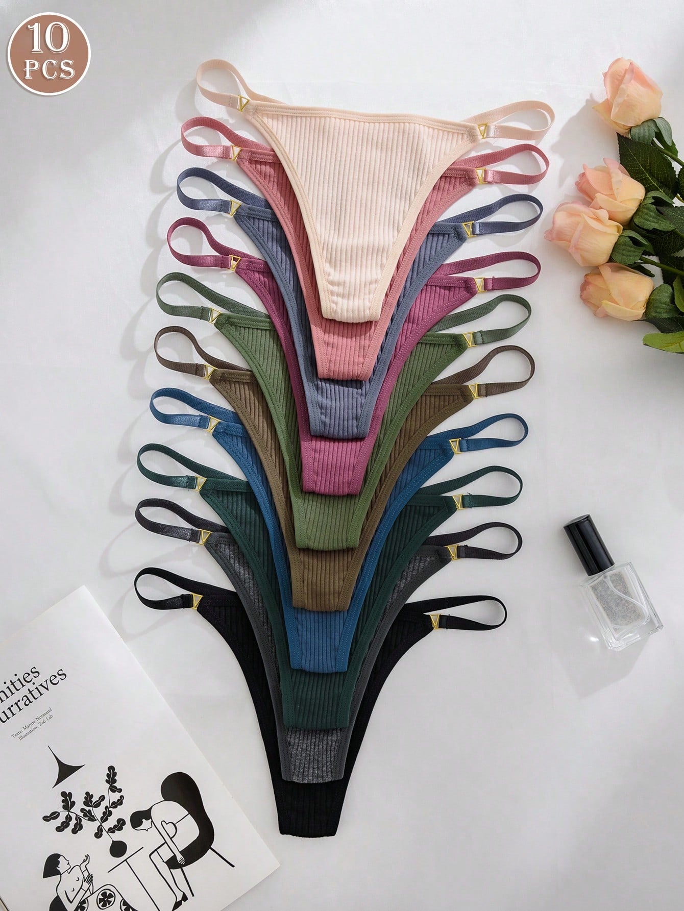10pcs/Pack Ladies Metal Buckle Decor Ribbed G-String Underwear