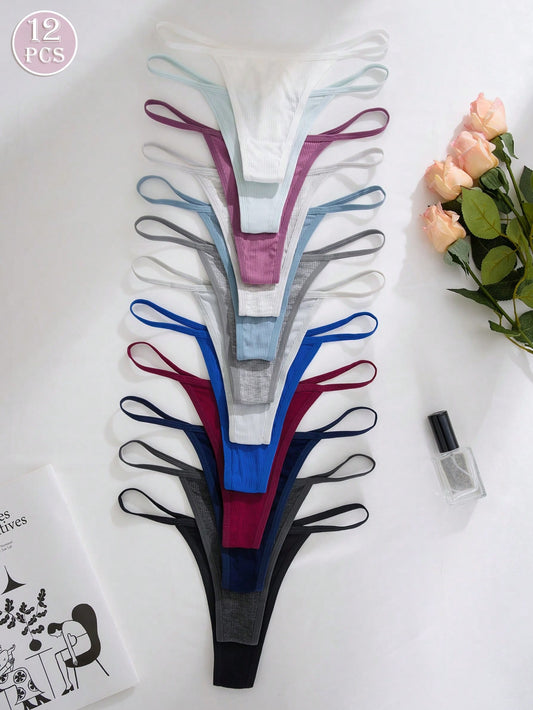 12pcs Women Assorted Color Ribbed G-String Panties