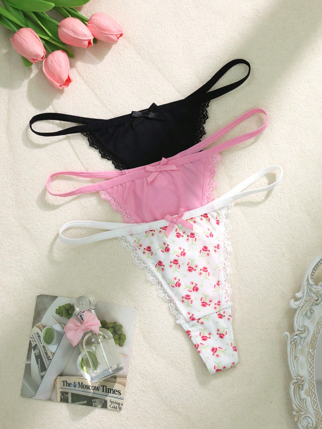 Snug Zone 3pcs/Set Women's Bow Lace Patchwork Floral Print Thong Panties