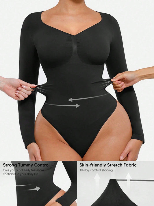 1pc Women Shapewear Long Sleeve Bodysuit With Waist Trainer And Breast Lift