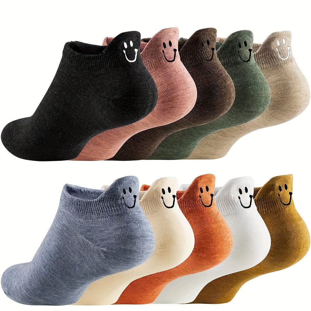 10 Pairs Women'S Candy-Colored Embroidered Smile Socks, 100% Polyester, Knit Fabric, Short Crew Length, Solid Color, Hand Wash - JingQi
