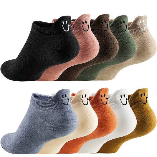 10 Pairs Women'S Candy-Colored Embroidered Smile Socks, 100% Polyester, Knit Fabric, Short Crew Length, Solid Color, Hand Wash - JingQi