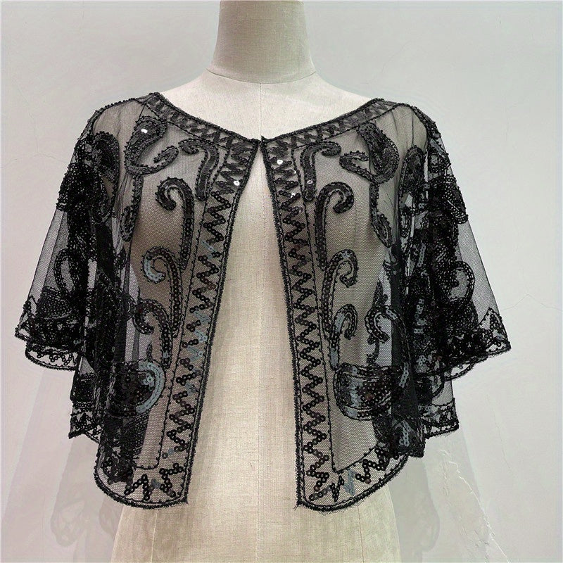 [Sequin Beaded Shawl] Sparkle Sequin Beaded Shawl Short Cape - Mesh Short Cover Up Dress Accessories