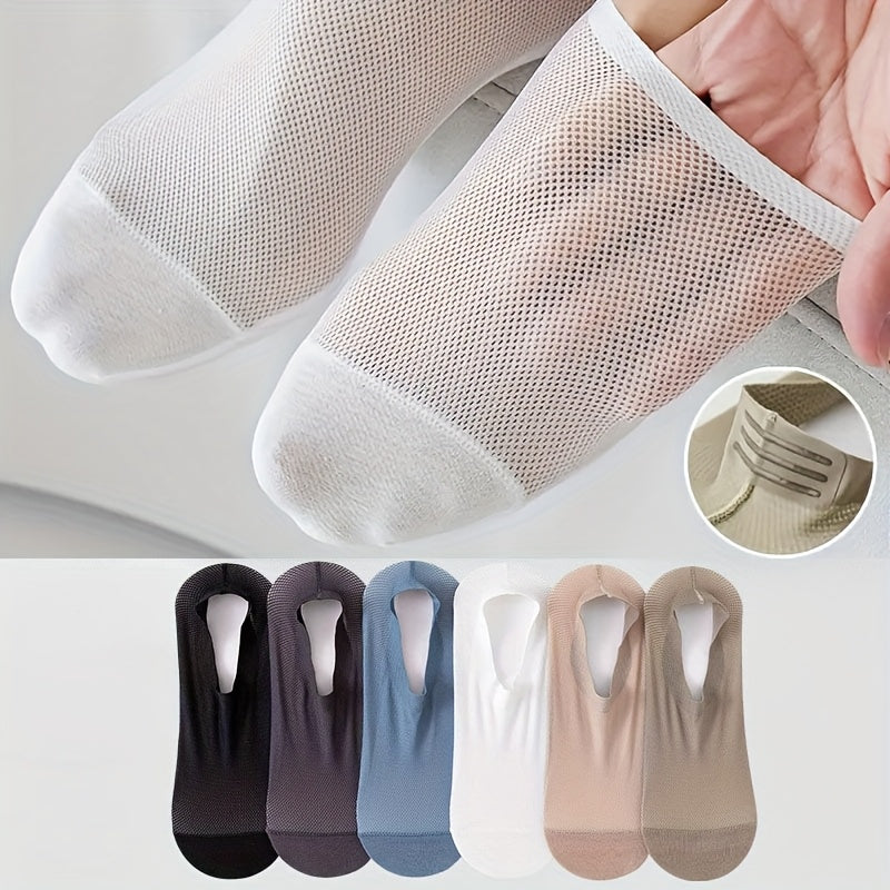 [Soft No-Show Socks] 6 Pairs Men's Soft Breathable No-Show Socks | Hollow Mesh, Skin-Friendly, Non-Slip Towel Bottom, Solid Color, Nylon 70% Spandex 30%, Machine Washable