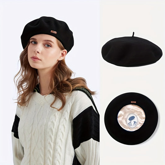 1pc Y2K Fashion 100% Pure Wool Beret for Women, Candy-Colored Artist Cap with Leather Badge and Satin Lining, Lightweight Knitted Non-Stretch, Hand Wash/Dry Clean, Versatile for Autumn and Winter