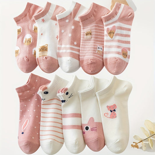 10 Pairs Cartoon Cat Pattern Sports Socks, Cute Comfy & Breathable Low Cut Short Socks, Women's Stockings & Hosiery