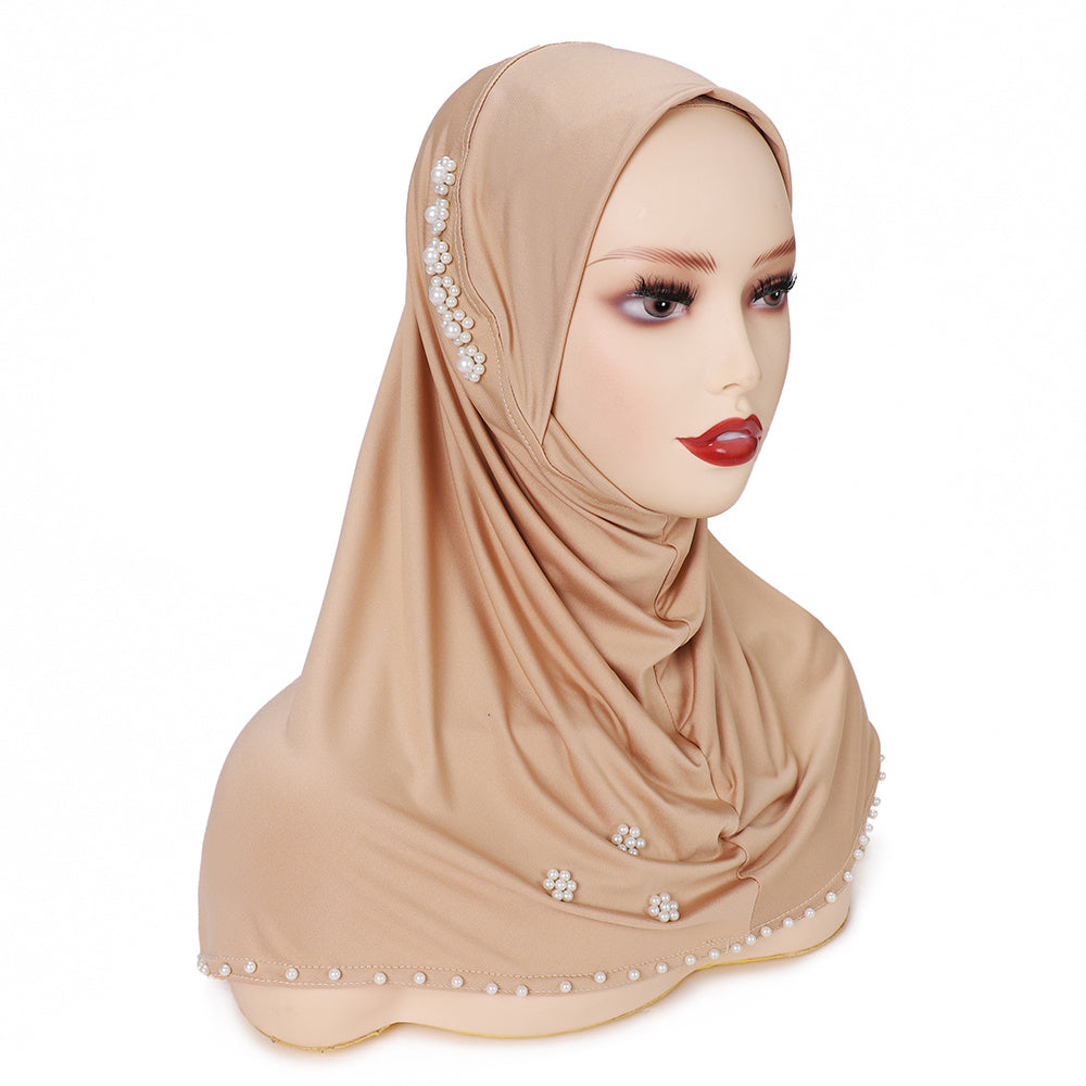 A Solid Color Stretchy Sweat Fabric Headscarf Hat with Pearl Embellishments, Fully Covering The Chin, Suitable for Ramadan.