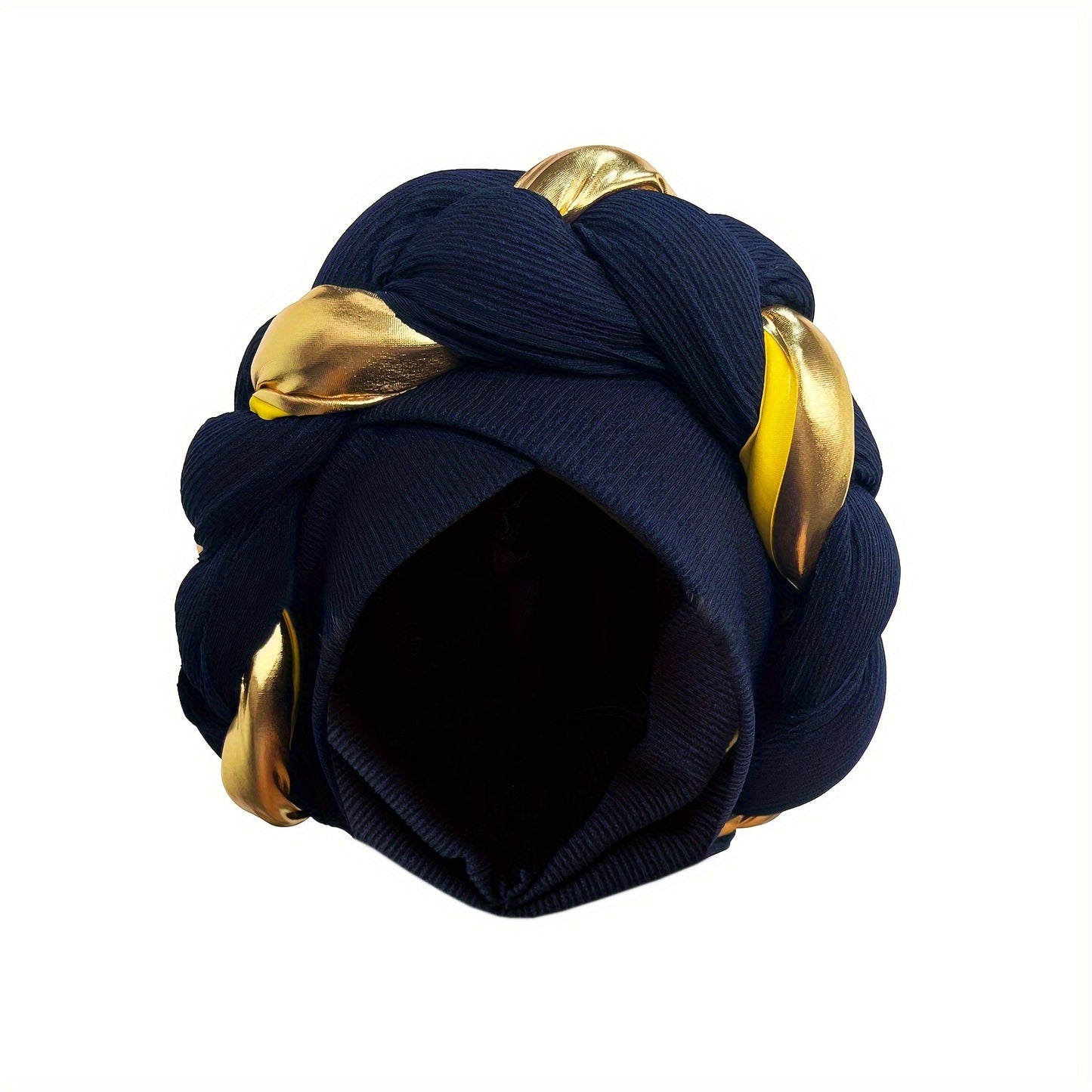 [Lightweight Design] Elegant Pre-Tied Boho Turban Cap with Golden Accents - Lightweight, Stretchy Polyester Head Wrap | Vibrant Colors & Braided Design | Hand-Washable Women's Headscarf Hat, Fashion Headwear|Golden Accent Headwear|Stretchy Headwrap