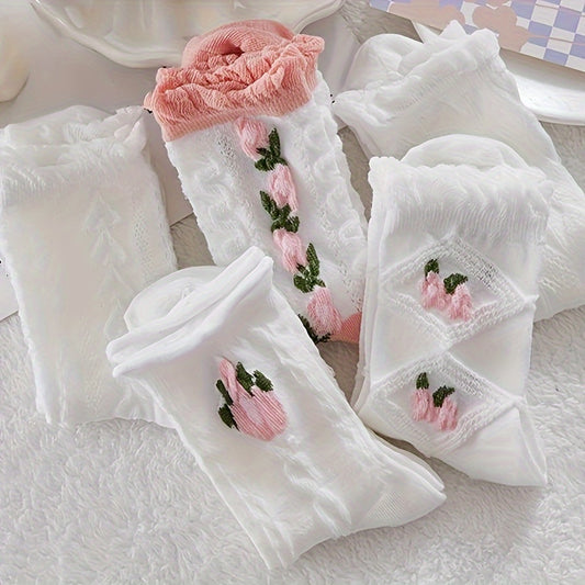 [Cute Ruffle Socks] 5 Pairs Cute Floral Textured Ruffle Socks | Women's Mid Tube Socks, Stockings & Hosiery