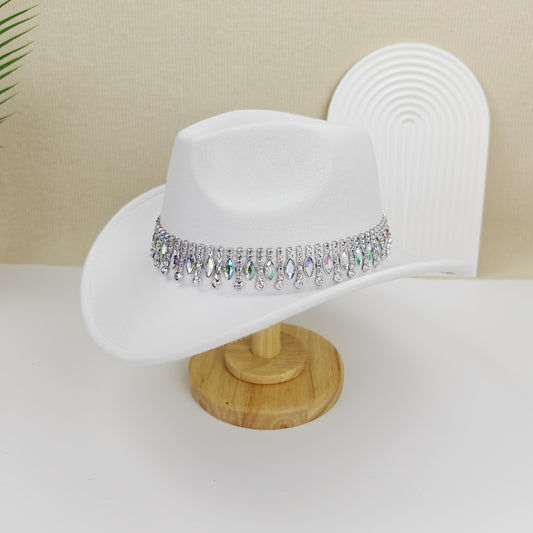 1pc lightweight Women's cowboy hat with sparkling rhinestone belt, adjustable drawstring inside, available in multiple colors: black/white/red - perfect for weddings, parties, music festivals, bachelorette events, birthday gifts, and photo shoots. An idea