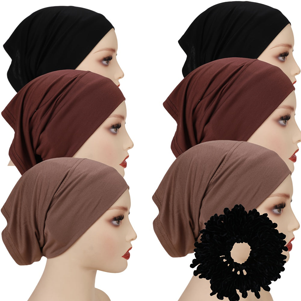 6 Wide-Brimmed Base Hats + 1 Hair Band, Muslim Women'S Headscarf, Non-Pilling And Non-Fading Polyester Breathable Headgear, Large Elastic And Durable All-Season Versatile Tube Hat
