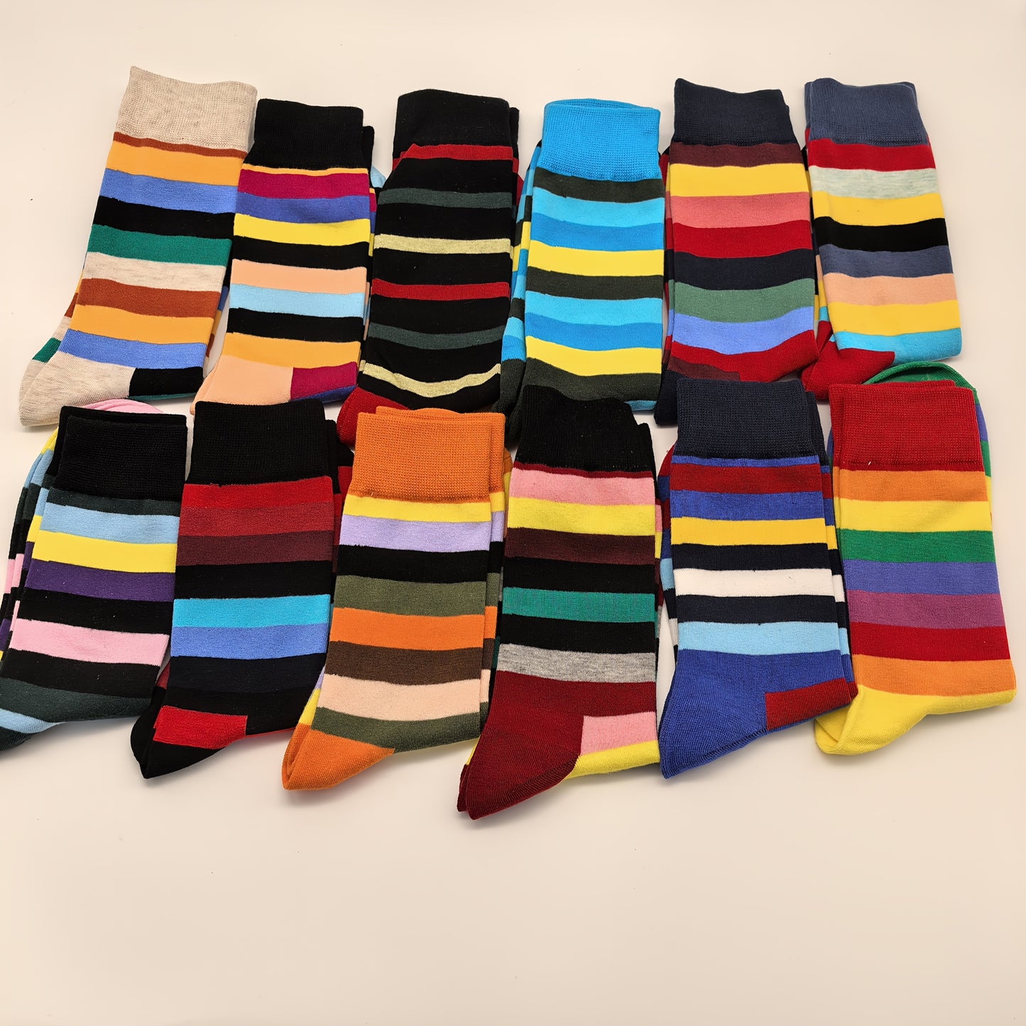 10 Pairs of Colorful Striped Socks - Polyester, Knit Fabric, Hand Wash Only, Various Colors & Patterns for Couples, Casual Wear Socks|Striped Socks|Polyester Socks