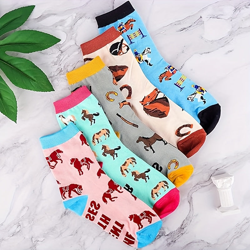 [Fun Horse Socks] 10 Pairs Quazilli Knit Fabric Horse Lover Socks | Mixed Color, Polyester & Elastane, Machine Washable, Fun Animal Patterns, Perfect for Women & Men, Birthday & Christmas Gift