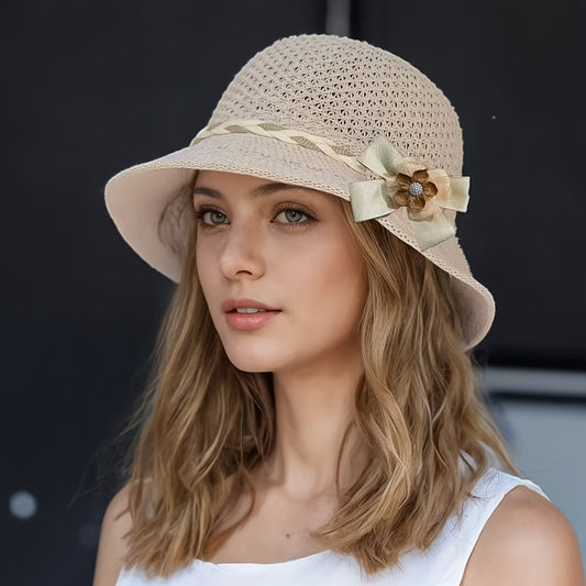 1pc Elegant Women'S Floral Decorated Straw Hat - Breathable Hollow-Out Sun Cap, Summer Fashion Accessory|Fashionable Outdoor Travel Vacation Fisherman Hat, Woven Construction|Versatile Daily Wear Accessory, Beach Hat