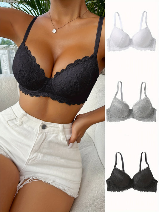 [Elegant Lace Push-Up Bras] 3pcs Elegant Lace Push-Up Bras for Women | Underwire Support, Comfortable & Breathable, Full Coverage T-Shirt Bras in Black, White, & Gray, Non-Removable Pads, Hand Washable, Polyamide Blend