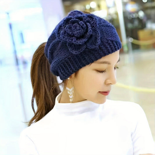 [Winter Ear Warmer Headband Solid] Elegant Flower Knit Headband Solid Color Coldproof Ear Warmer Headband Elastic Wide Hairband For Women daily uses Autumn & Winter