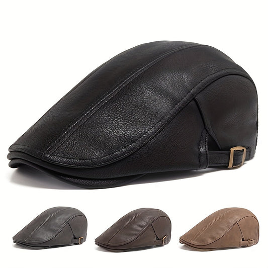 1pc PU Leather Flat Thicken Warm Vintage Beret for Men Autumn Winter, Ideal choice for Gifts