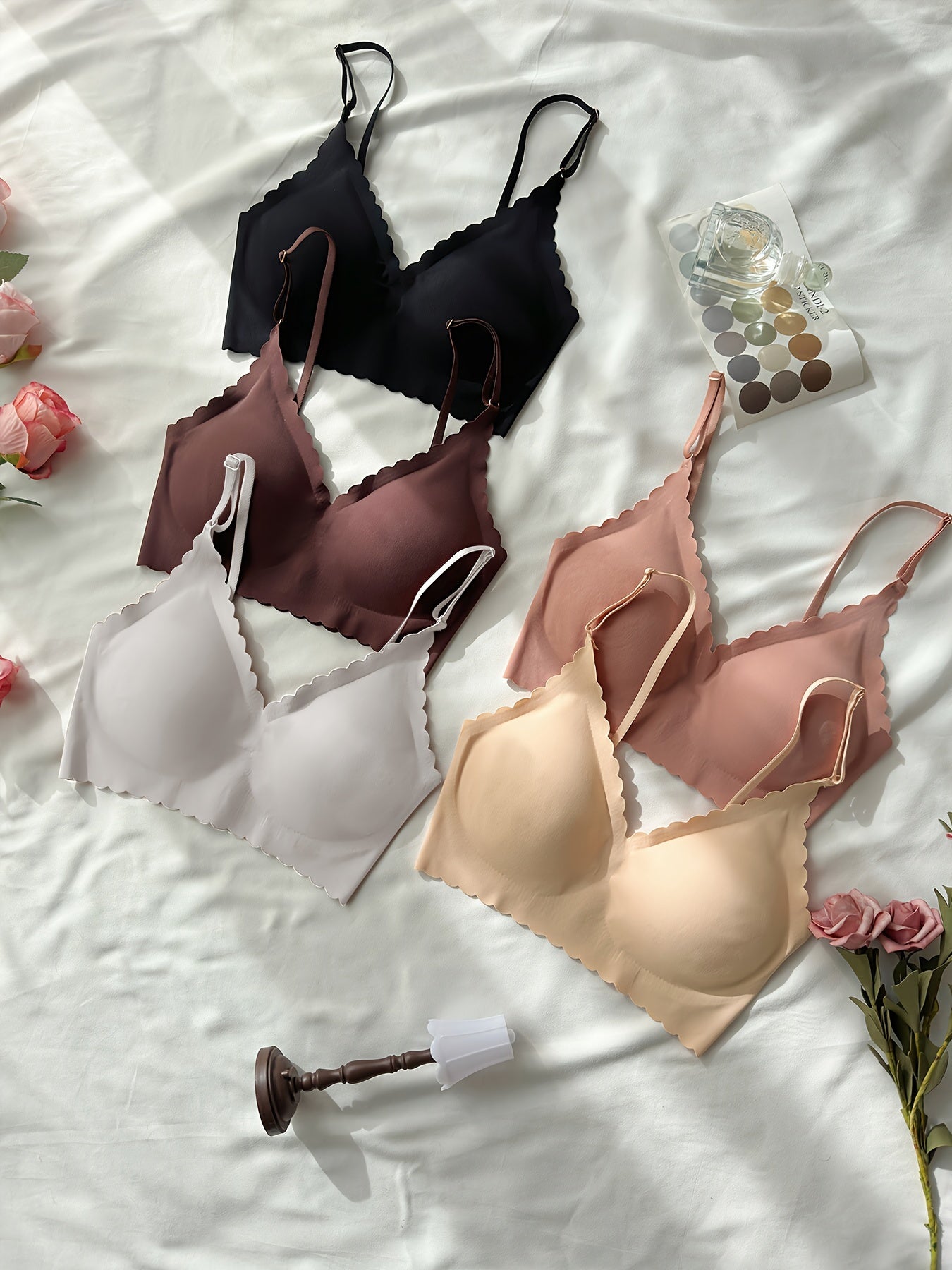 [Seamless Bras] 5pcs Seamless Adhesive Bras | No Underwire, Removable Pads, Medium Support, 75% Nylon/25% Elastane Blend, 4 Colors (Black/Brown/Beige/White), Hand Wash Only, Casual Attire