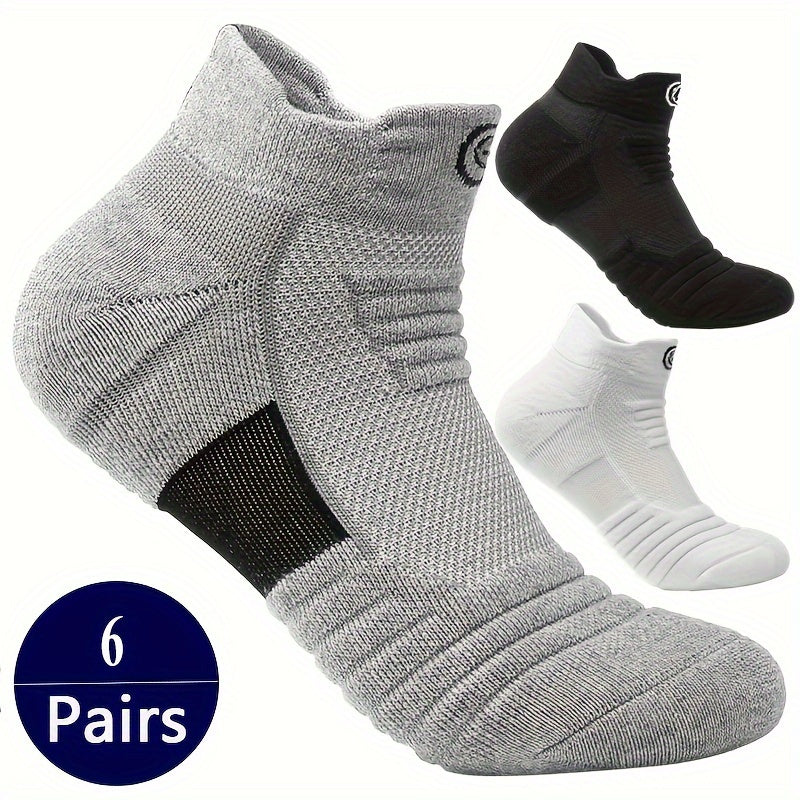 [Soft Athletic Socks] 6/12 Pairs Soft Breathable Men's Athletic Socks | Geometric Pattern, Low-Cut Design for Basketball & Football, Comfortable Polyester Blend, Black & White Options, Sports Socks, Sporty Style, Durable Knit