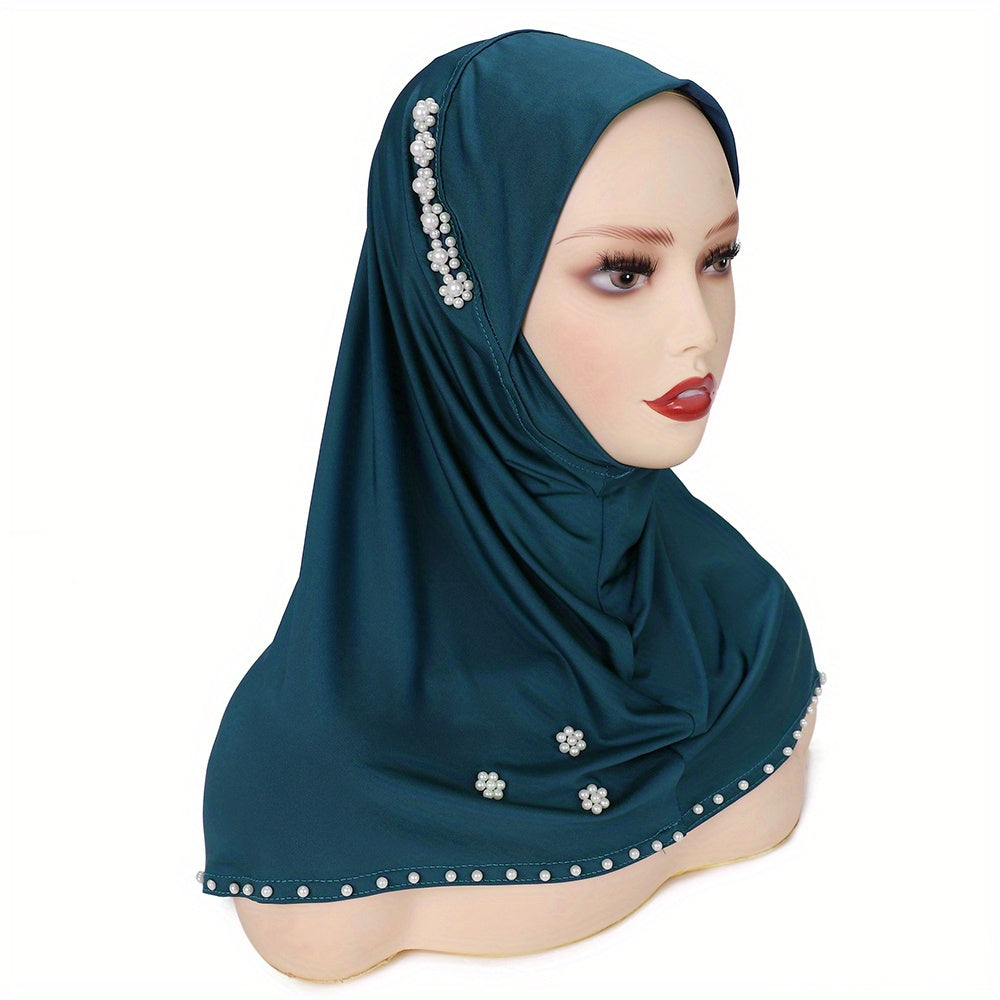 A Solid Color Stretchy Sweat Fabric Headscarf Hat with Pearl Embellishments, Fully Covering The Chin, Suitable for Ramadan.