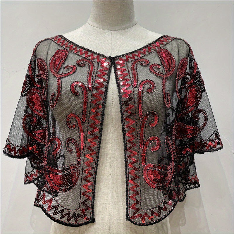 [Sequin Beaded Shawl] Sparkle Sequin Beaded Shawl Short Cape - Mesh Short Cover Up Dress Accessories