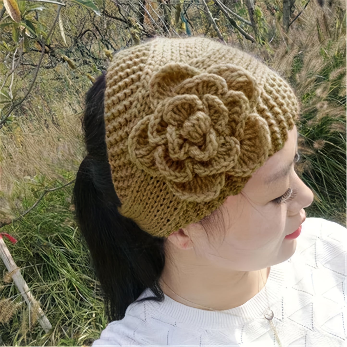 [Winter Ear Warmer Headband Solid] Elegant Flower Knit Headband Solid Color Coldproof Ear Warmer Headband Elastic Wide Hairband For Women daily uses Autumn & Winter