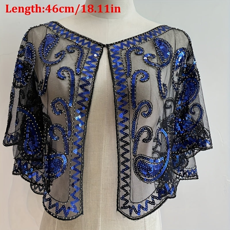 [Sequin Beaded Shawl] Sparkle Sequin Beaded Shawl Short Cape - Mesh Short Cover Up Dress Accessories